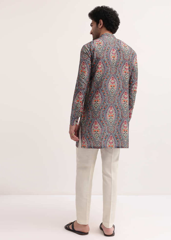 Grey Printed Silk Short Kurta Set For Men