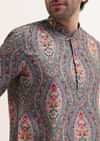 Grey Printed Silk Short Kurta Set For Men