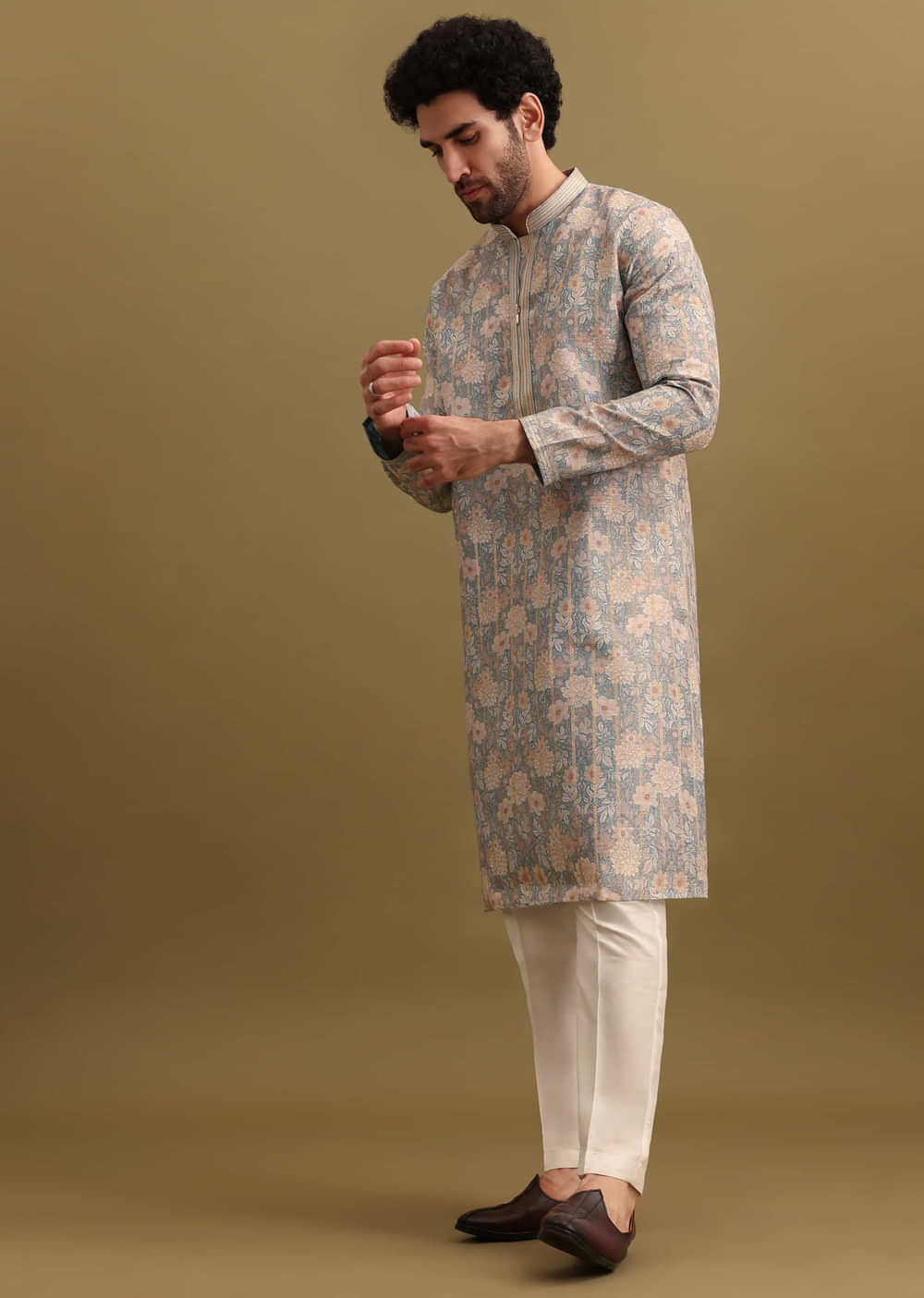 Grey Printed Silk Zipper Kurta Set For Men
