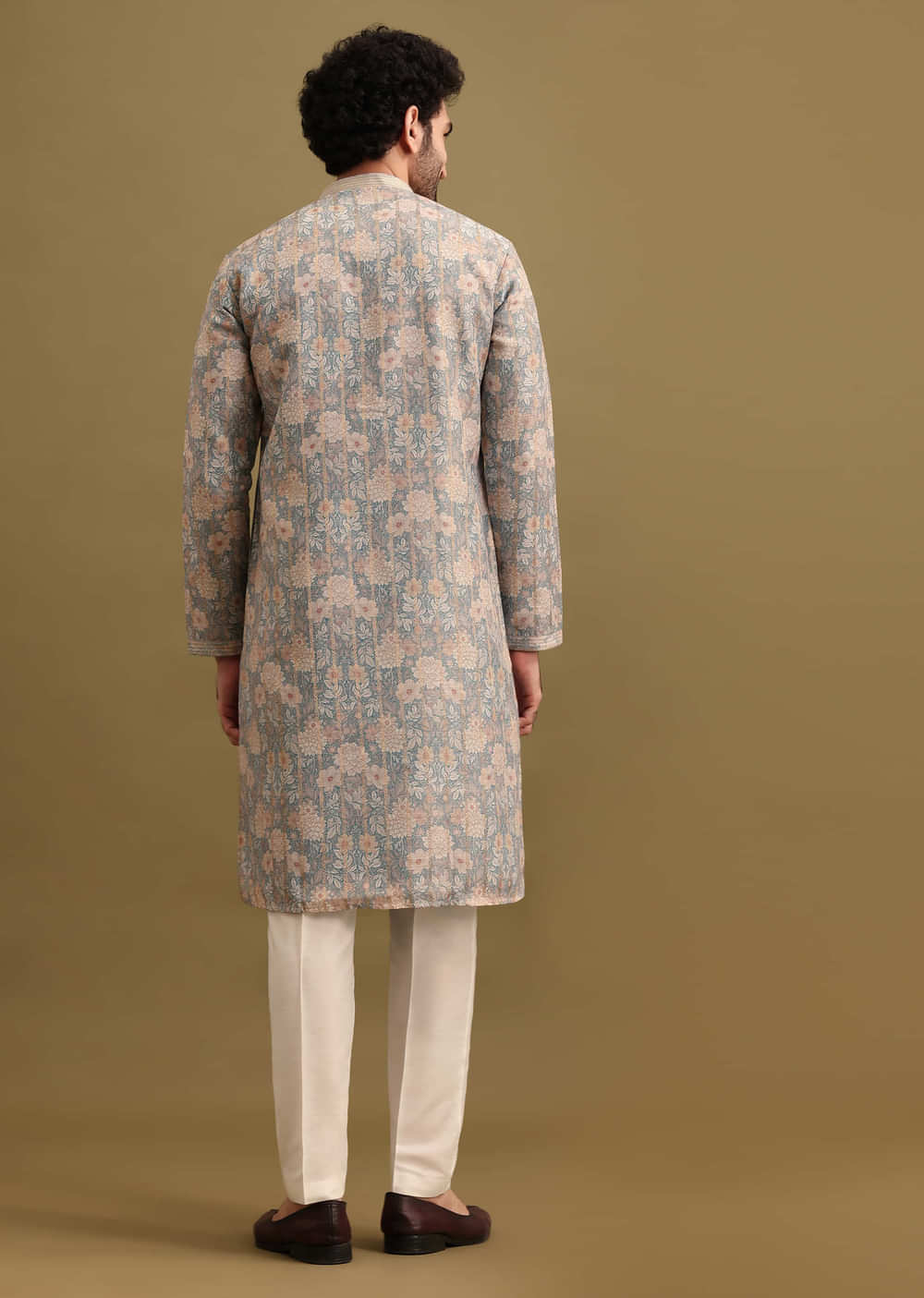 Grey Printed Silk Zipper Kurta Set For Men