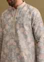 Grey Printed Silk Zipper Kurta Set For Men