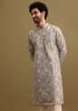 Grey Printed Silk Zipper Kurta Set For Men
