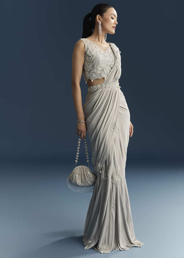 Grey Ready Pleated Saree With Cutdana And Sequins Work