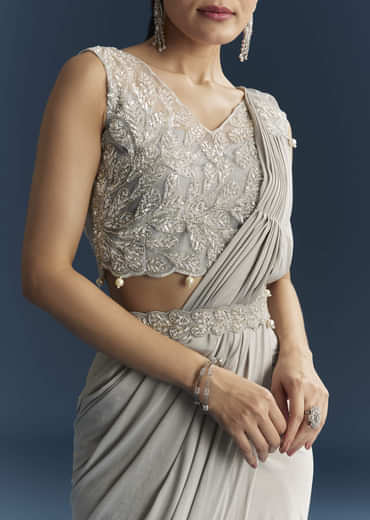 Grey Ready Pleated Saree With Cutdana And Sequins Work