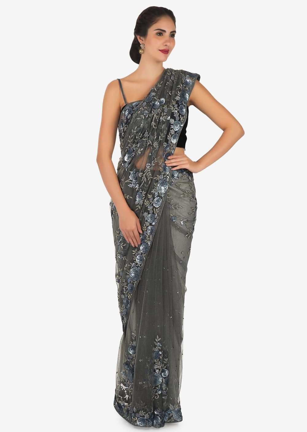Grey saree featuring in net with sequin and cut dana embroidery only on Kalki - KALKI Fashion India