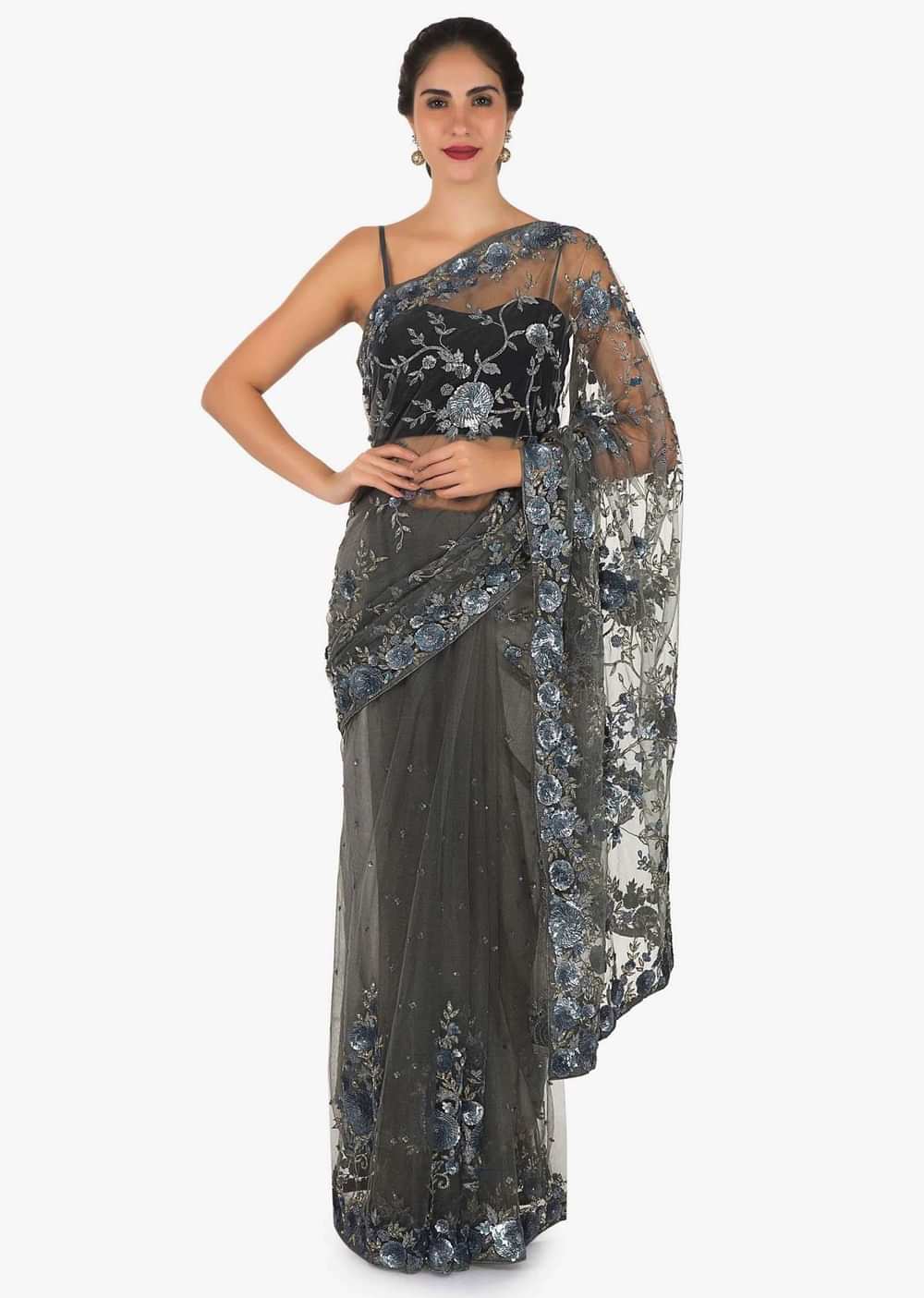 Grey saree featuring in net with sequin and cut dana embroidery only on Kalki - KALKI Fashion India