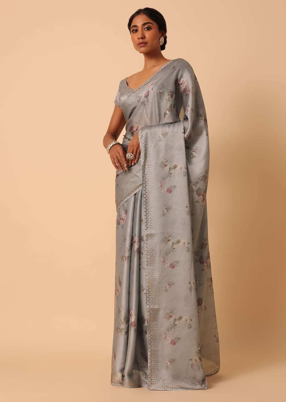 Grey Saree In Satin With Floral Prints And Unstitched Blouse Piece