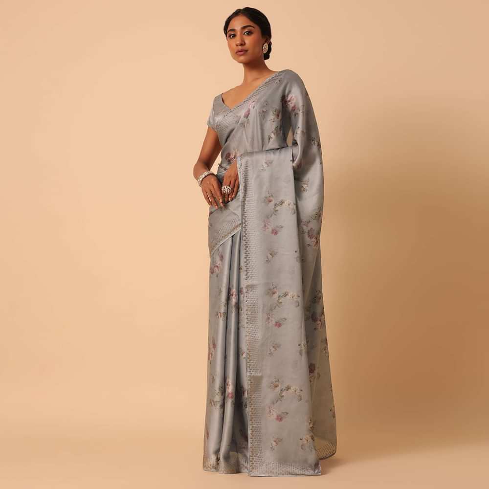 Grey Saree In Satin With Floral Prints And Unstitched Blouse Piece