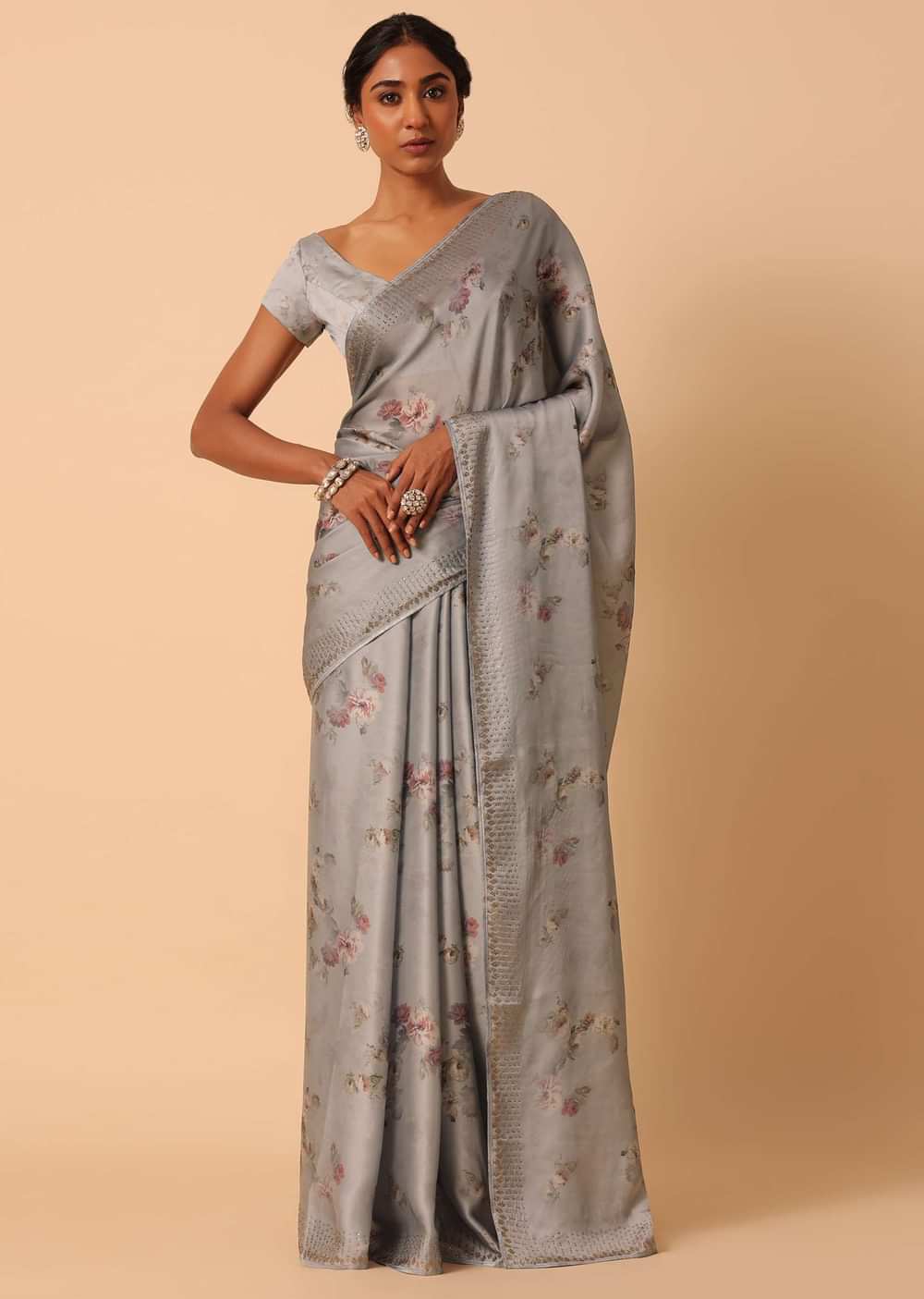 Grey Saree In Satin With Floral Prints And Unstitched Blouse Piece