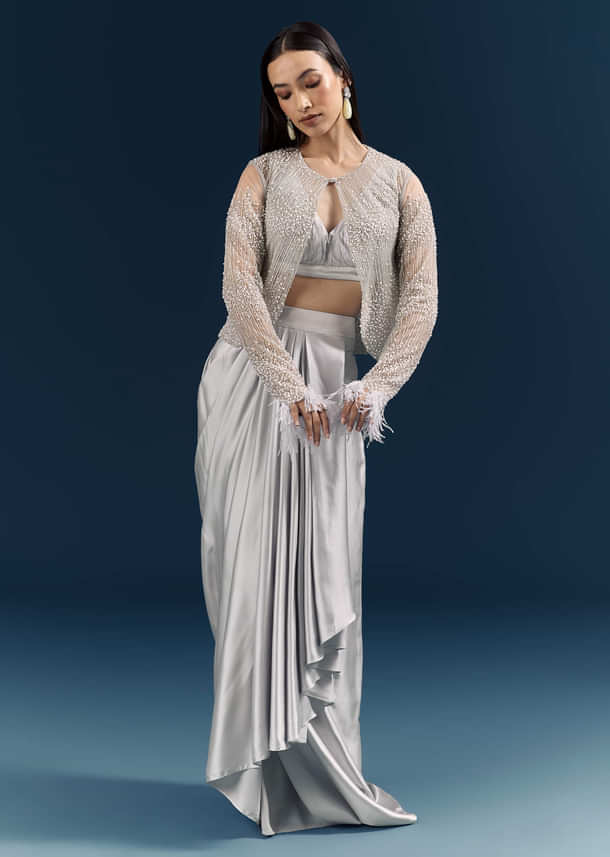 Grey Satin Crop Top And Drape Skirt With Embellishments