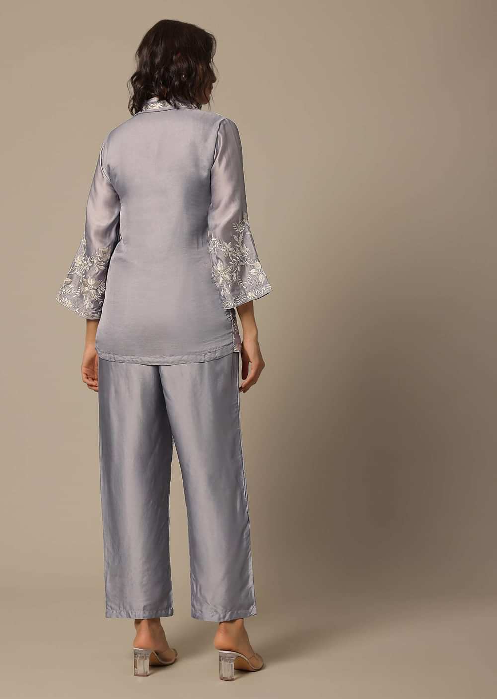Grey Satin Pant Set With Thread Embroidery