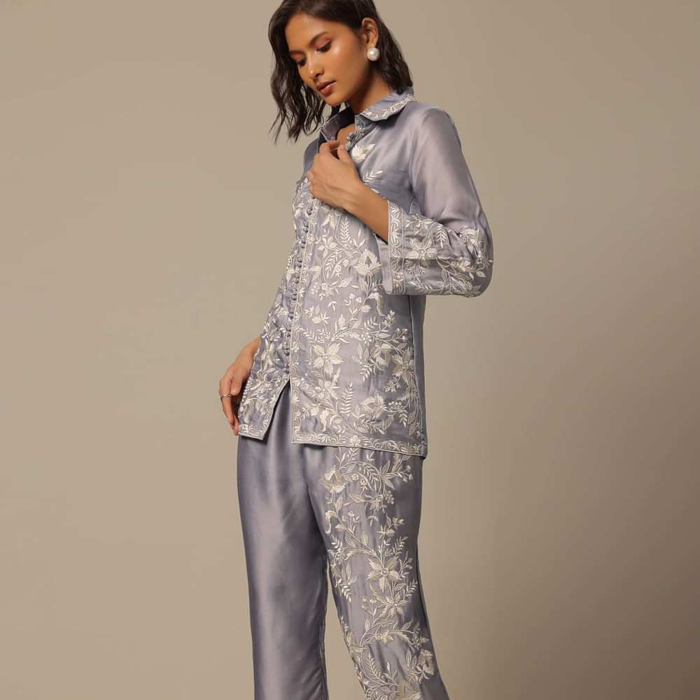 Grey Satin Pant Set With Thread Embroidery