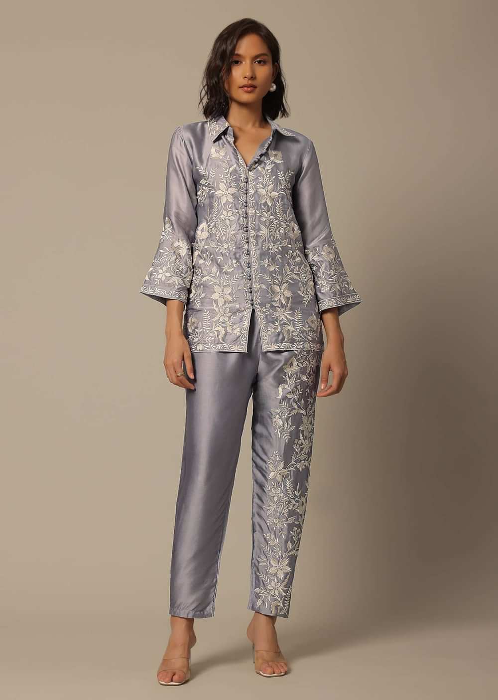 Grey Satin Pant Set With Thread Embroidery