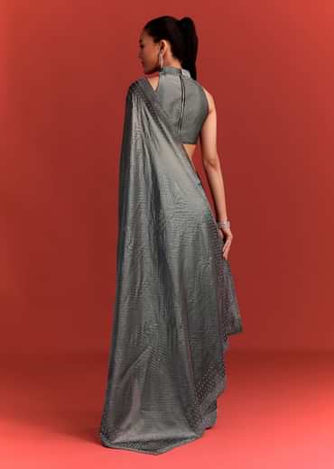 Grey Satin Saree With Stone And Diamond Work