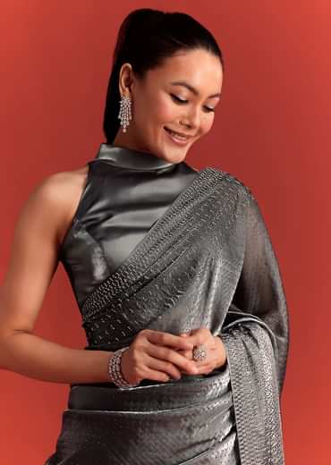 Grey Satin Saree With Stone And Diamond Work