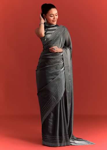 Grey Satin Saree With Stone And Diamond Work