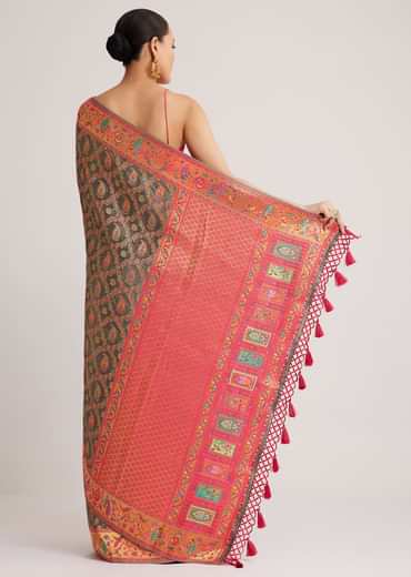 Grey Satin Silk Saree With Jaal Work And Zari Peacock Motif Border