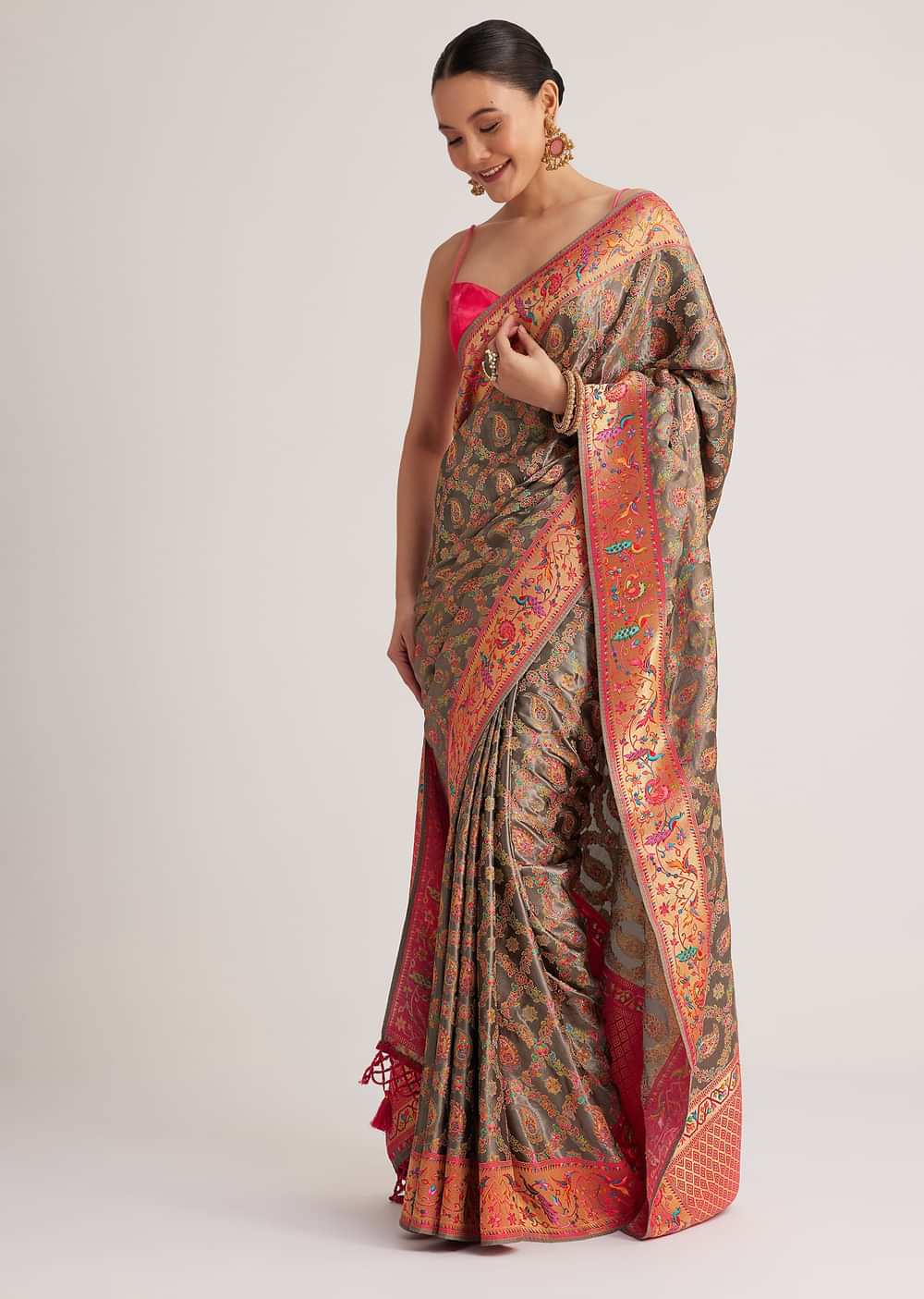 Grey Satin Silk Saree With Jaal Work And Zari Peacock Motif Border