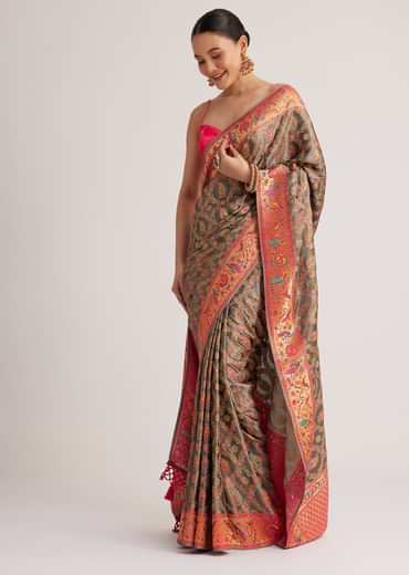 Grey Satin Silk Saree With Jaal Work And Zari Peacock Motif Border
