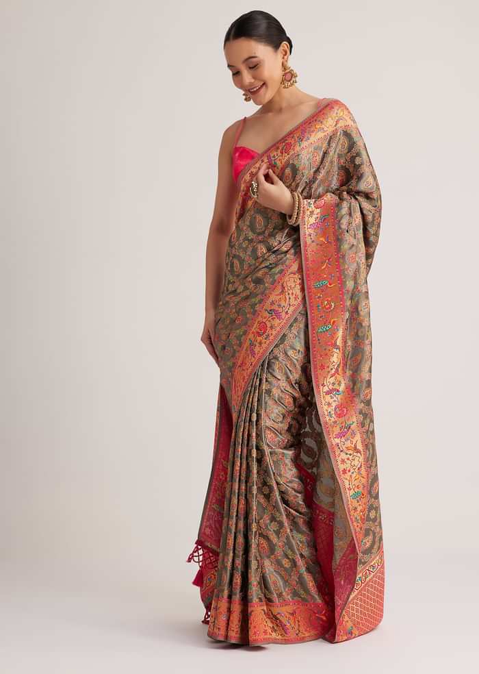 Grey Satin Silk Saree With Jaal Work And Zari Peacock Motif Border