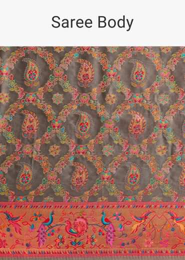 Grey Satin Silk Saree With Jaal Work And Zari Peacock Motif Border
