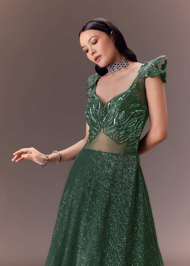 Grey Sequin Flared Gown With 3D Hand Work