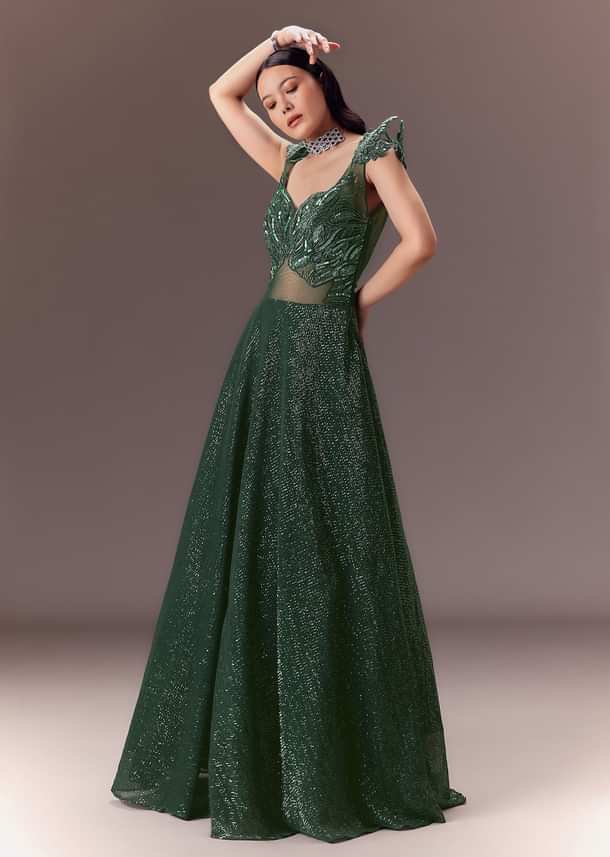Grey Sequin Flared Gown With 3D Hand Work