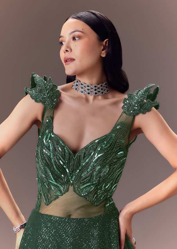 Grey Sequin Flared Gown With 3D Hand Work