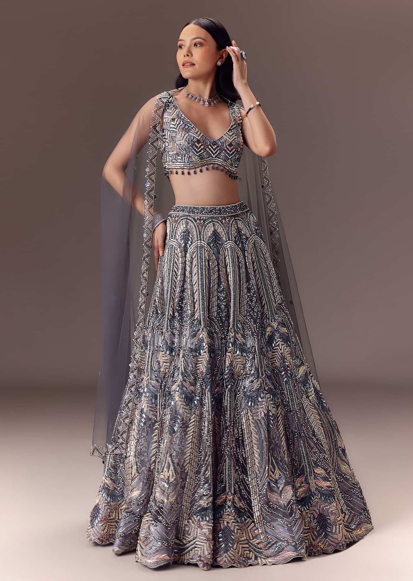 Grey Shimmer Net Lehenga Set With Cape Style Dupatta