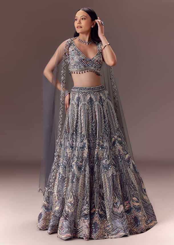 Grey Shimmer Net Lehenga Set With Cape Style Dupatta