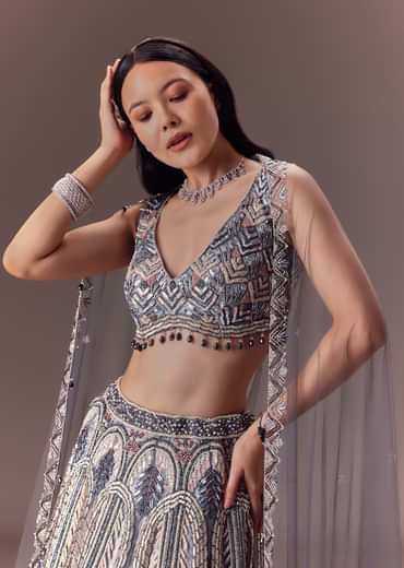 Grey Shimmer Net Lehenga Set With Cape Style Dupatta
