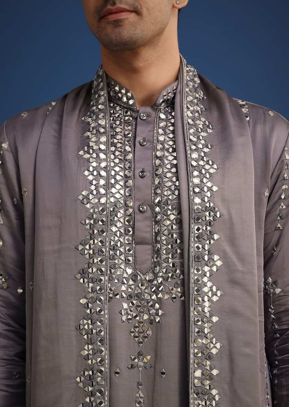 Grey Silk Blend Mirror Work Kurta Set With Dupatta
