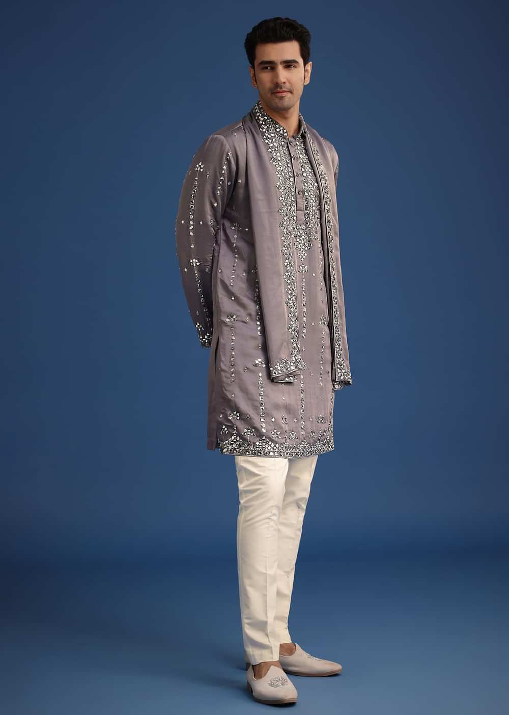 Grey Silk Blend Mirror Work Kurta Set With Dupatta