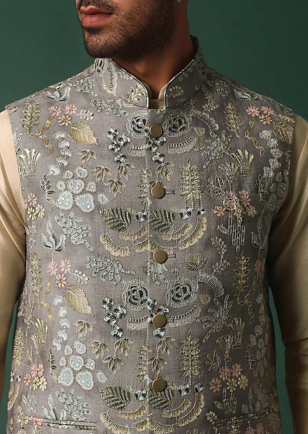Grey Silk Jacket Kurta Set With Intricate Thread Work