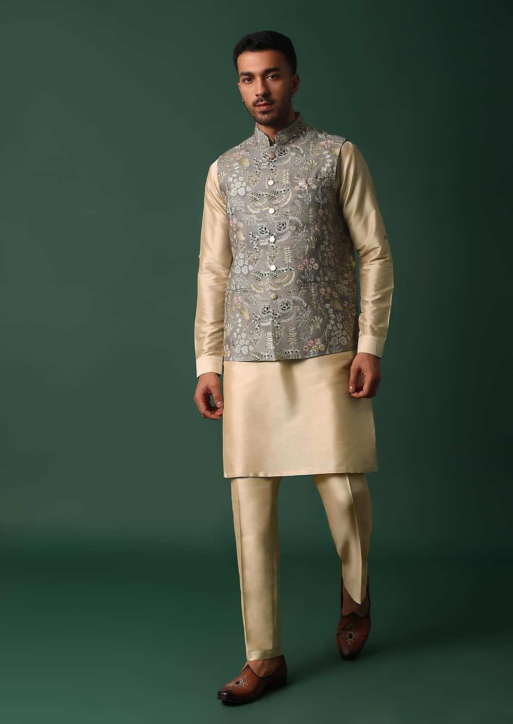 Grey Silk Jacket Kurta Set With Intricate Thread Work