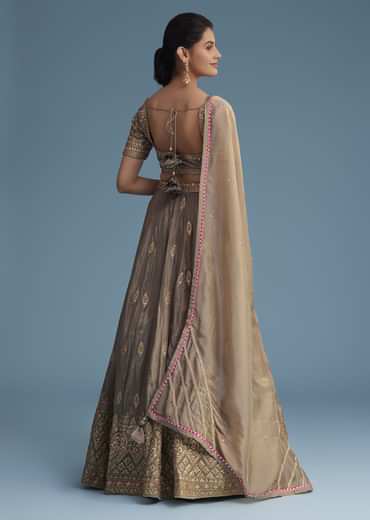 Grey Silk Lehenga Set With Gold Gotta Work