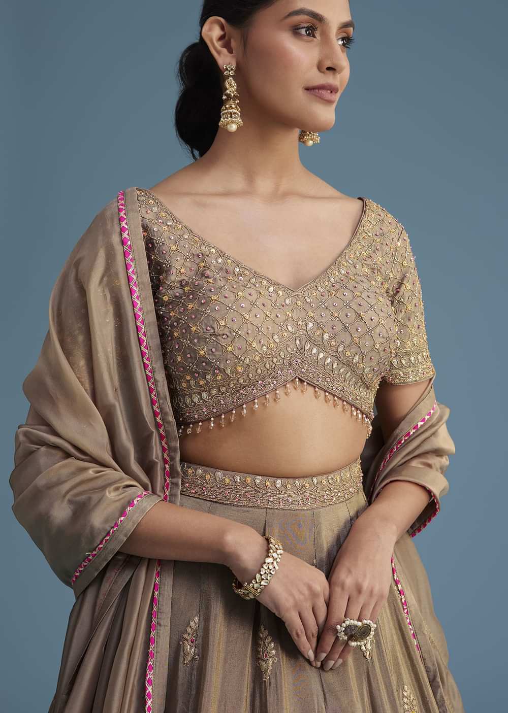 Grey Silk Lehenga Set With Gold Gotta Work