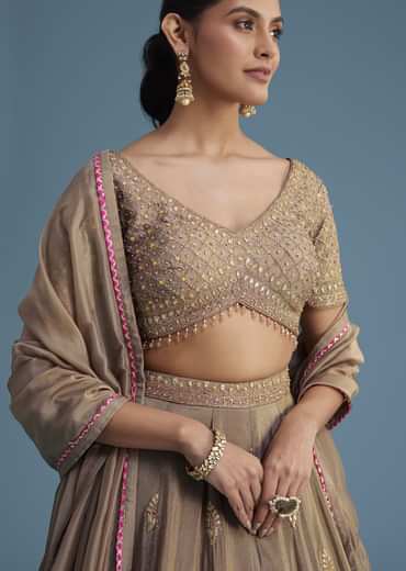 Grey Silk Lehenga Set With Gold Gotta Work
