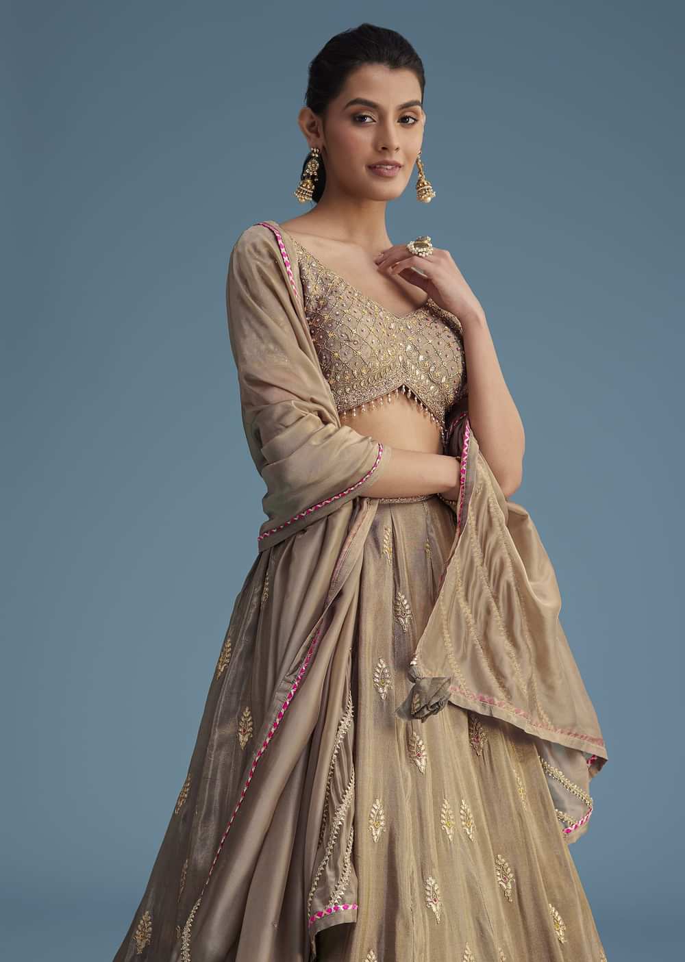 Grey Silk Lehenga Set With Gold Gotta Work