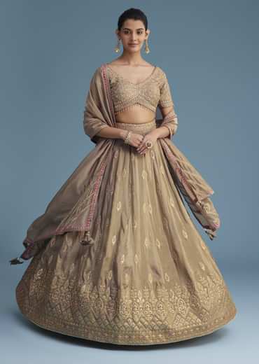 Grey Silk Lehenga Set With Gold Gotta Work
