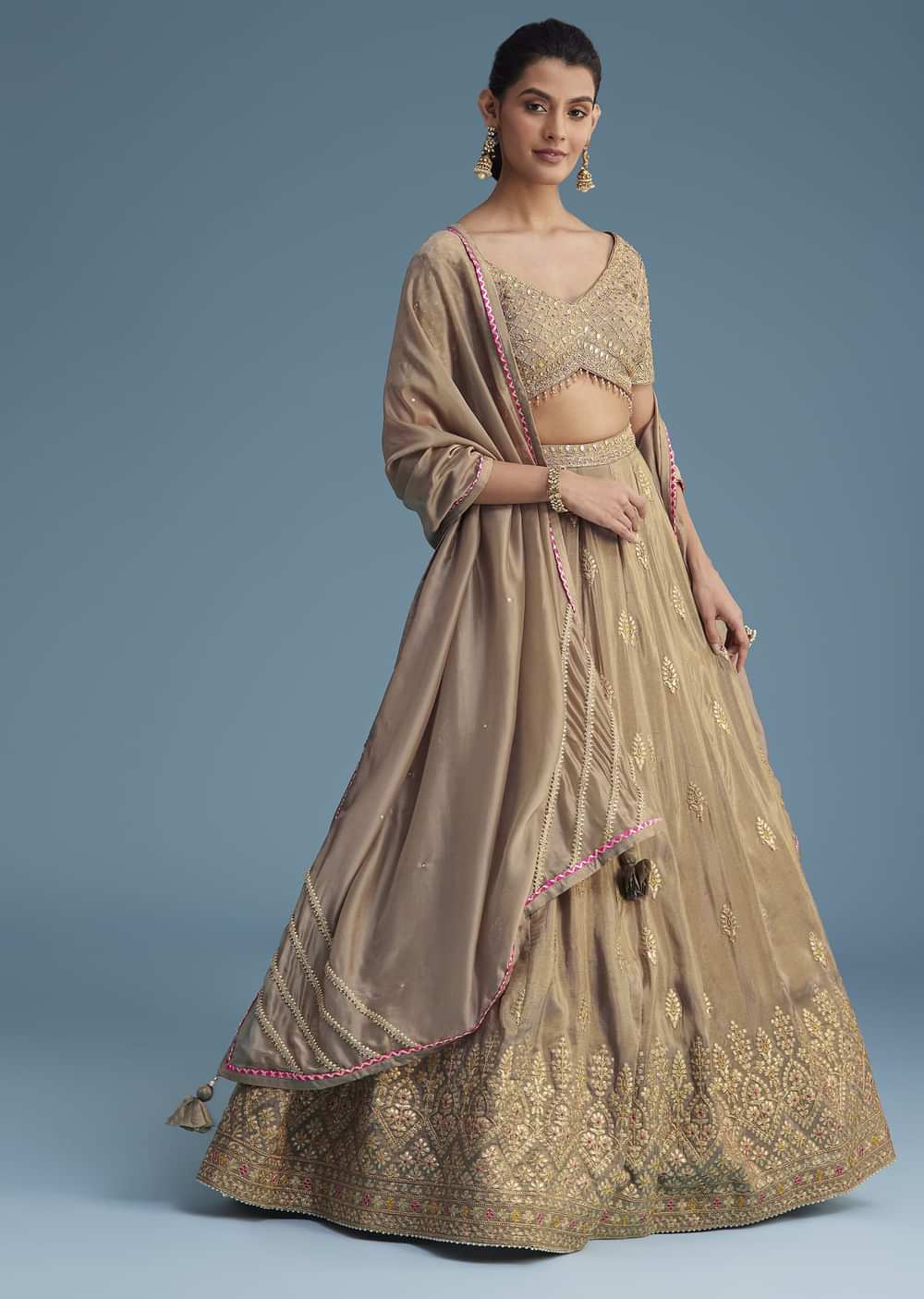 Grey Silk Lehenga Set With Gold Gotta Work