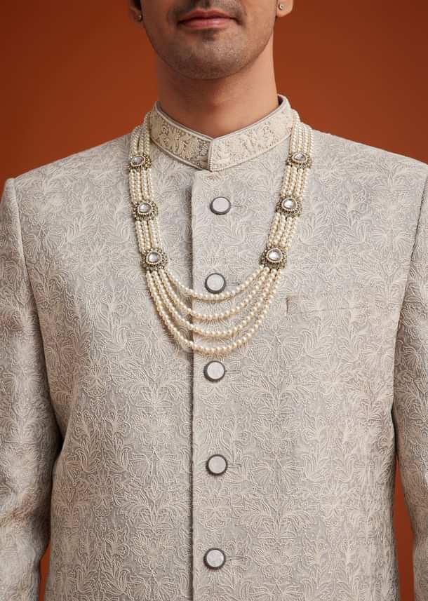 Grey Silk Sherwani With Embroidery And Beads Work Grey Silk Sherwani With Embroidery And Beads Work