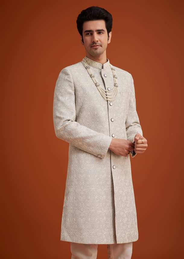 Grey Silk Sherwani With Embroidery And Beads Work Grey Silk Sherwani With Embroidery And Beads Work
