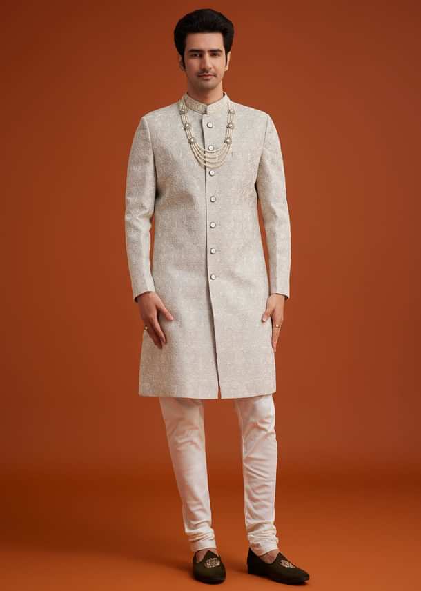 Grey Silk Sherwani With Embroidery And Beads Work Grey Silk Sherwani With Embroidery And Beads Work