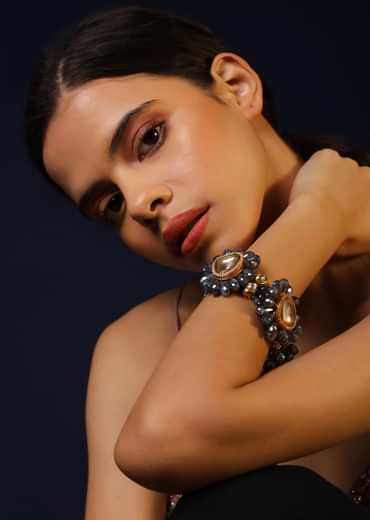 Grey Stone Bracelet In Floral Motif With Kundan Centre And Swarovski