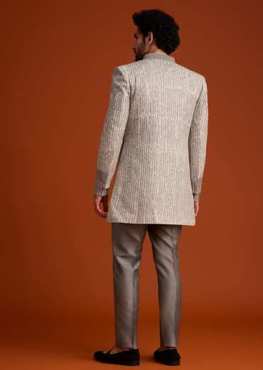 Grey Textured Jacket With Striped Kurta Set