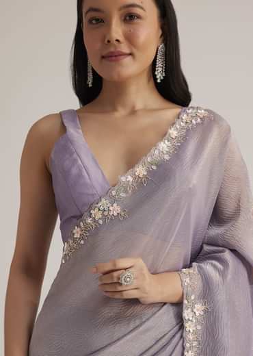 Grey Tissue Saree Floral Embroidery