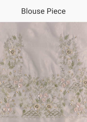 Grey Tissue Saree With Floral Embroidery And Cutwork Border