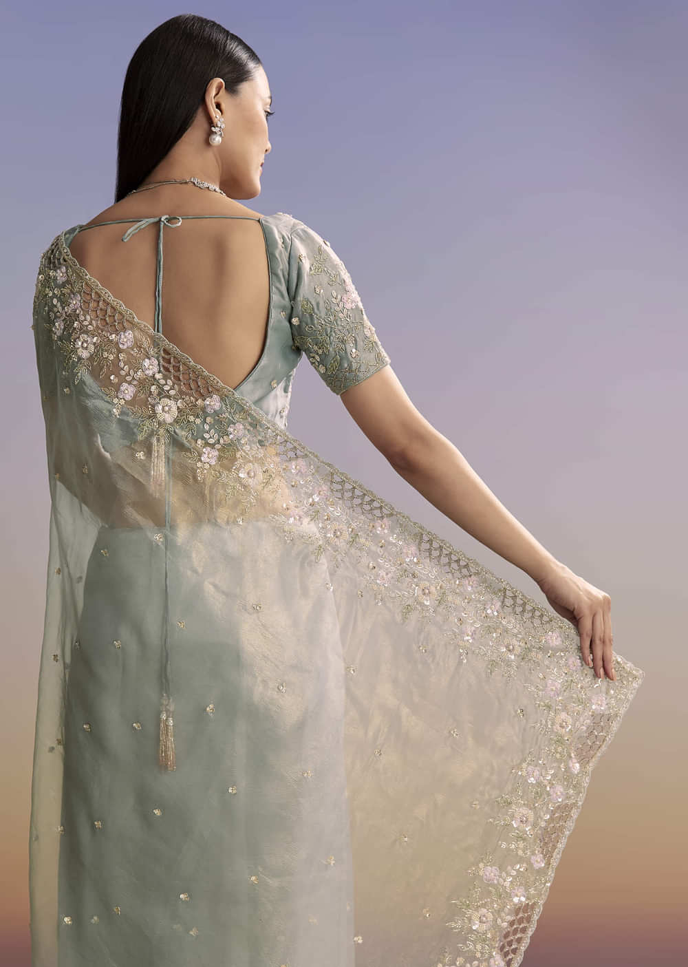 Grey Tissue Saree With Floral Embroidery And Cutwork Border