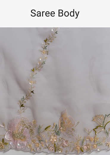 Grey Tissue Saree With Resham And Moti Embroidery